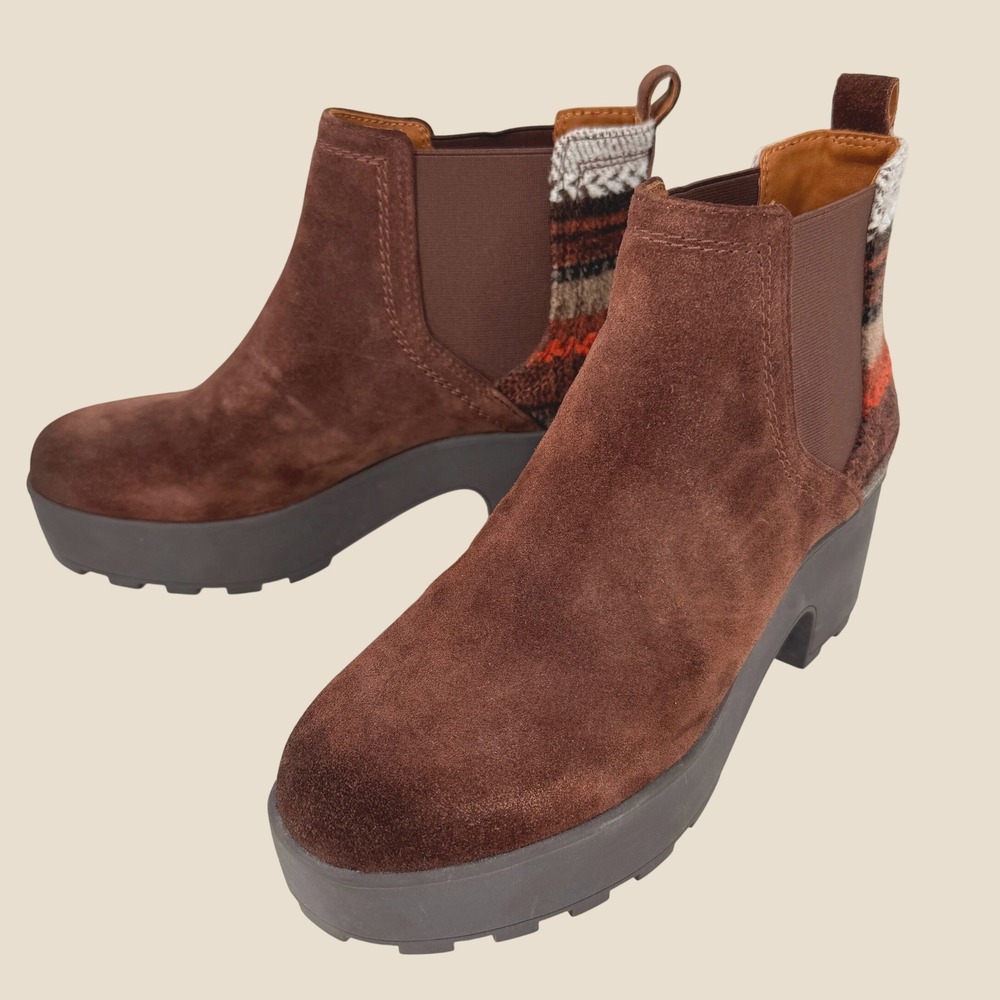New Zodiac Tavi Ankle Boots Women 8M Brown Suede Knit Chelsea Lug Block Heel